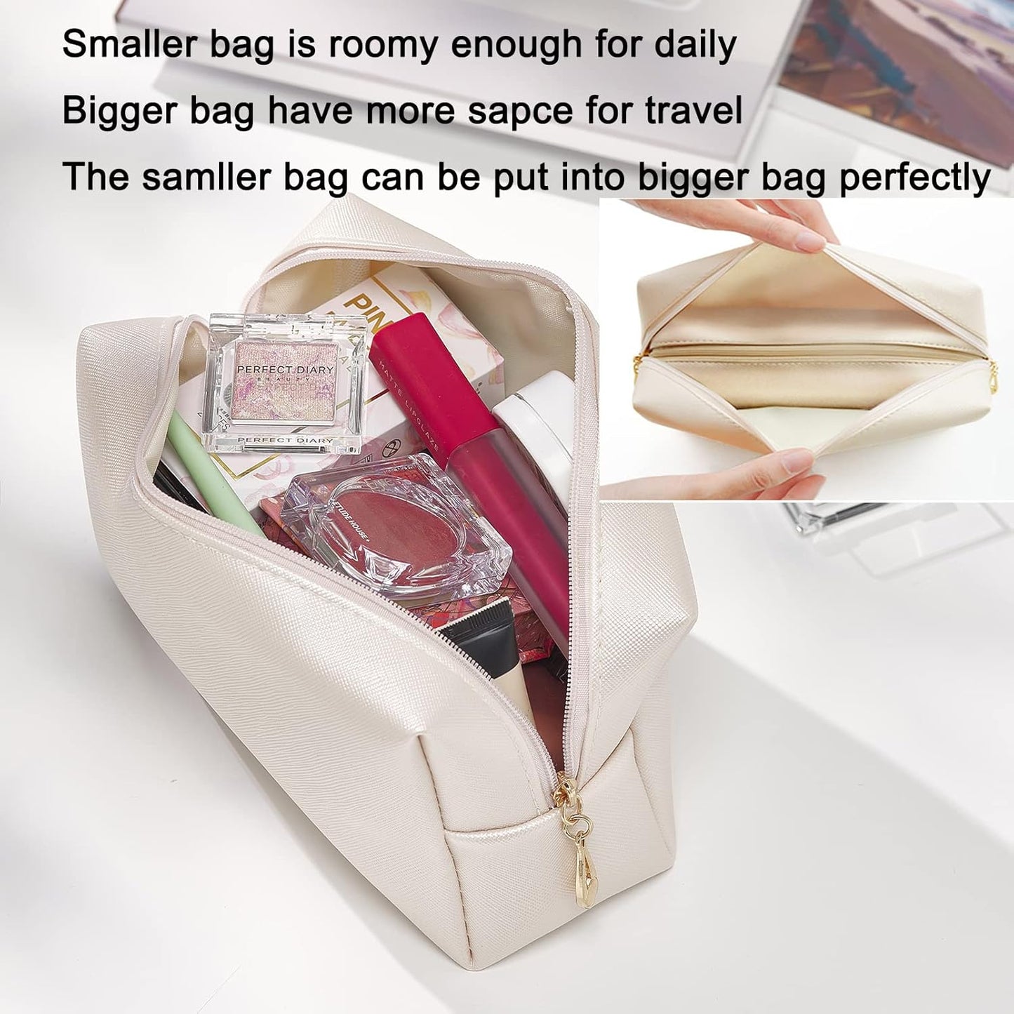 2Pcs Set PU Leather Cosmetic Bag for Women Minimalism Makeup Bag for Daily Use Portable Storage Purse Small Neat Cosmetic Pouch Water-Resistant Toiletry Bag for Travel (Black))