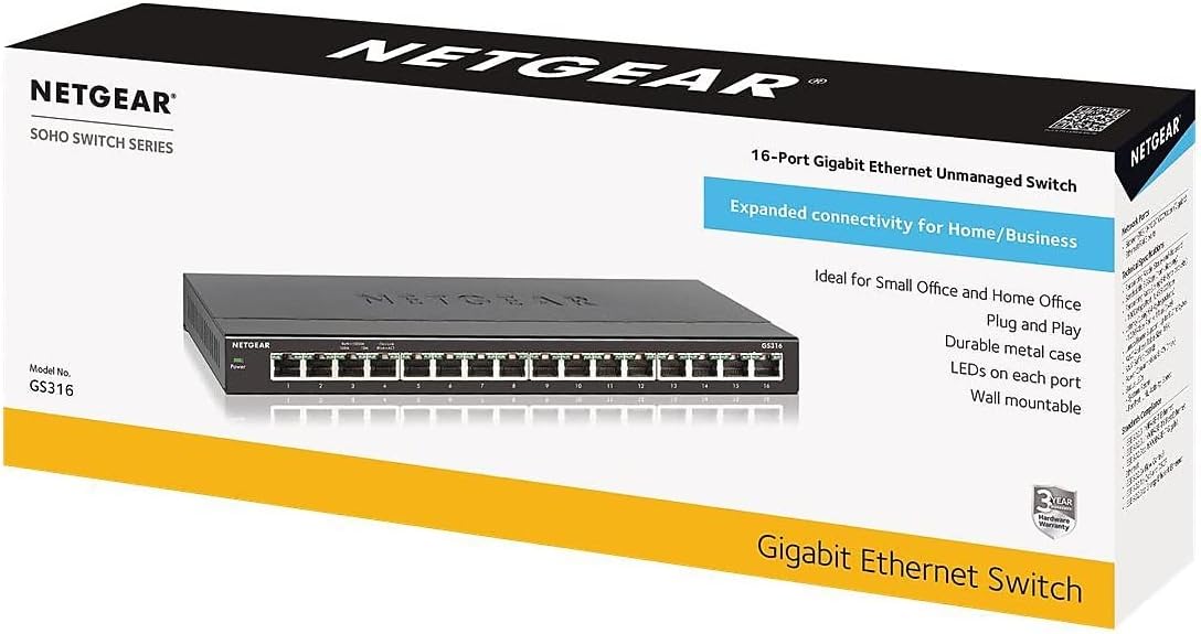 16-Port Gigabit Ethernet Unmanaged Switch (GS316) - Desktop, Fanless Housing for Quiet Operation