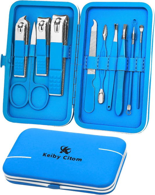 Manicure Set, Travel Mini Nail Clippers Kit Pedicure Care Tools, 10Pcs Stainless Steel Grooming Kit (Blue)