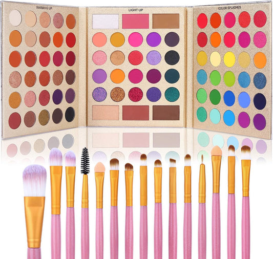 Professional 86 Colors Eyeshadow Palette with 15Pcs Makeup Brushes Set Matte Glitter Long Lasting Highly Pigmented Waterproof Contour Blush Powder Highlighter All in One