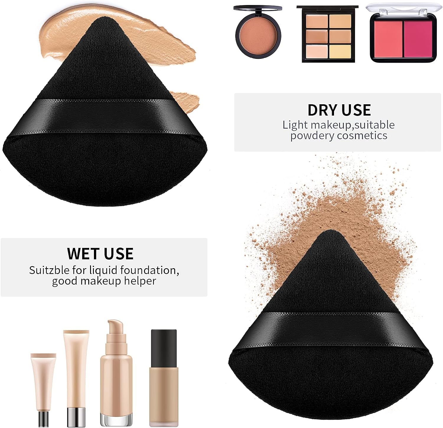 2 Pieces Triangle Powder Puffs Face Cosmetic Powder Puff Washable Reusable Soft Plush Powder Sponge Makeup Foundation Sponge for Face Body Loose Powder Wet Dry Makeup Tool (2Pcs Black)